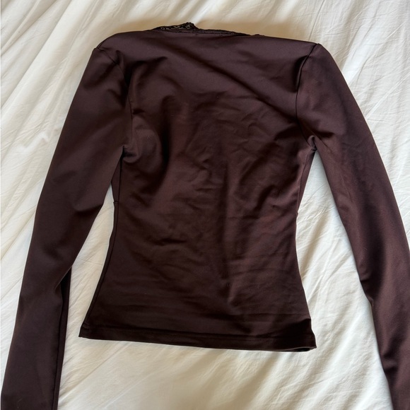 White Fox Boutique Deep V Lace-Trim Long Sleeve Top - Brown - Picture 9 of 9